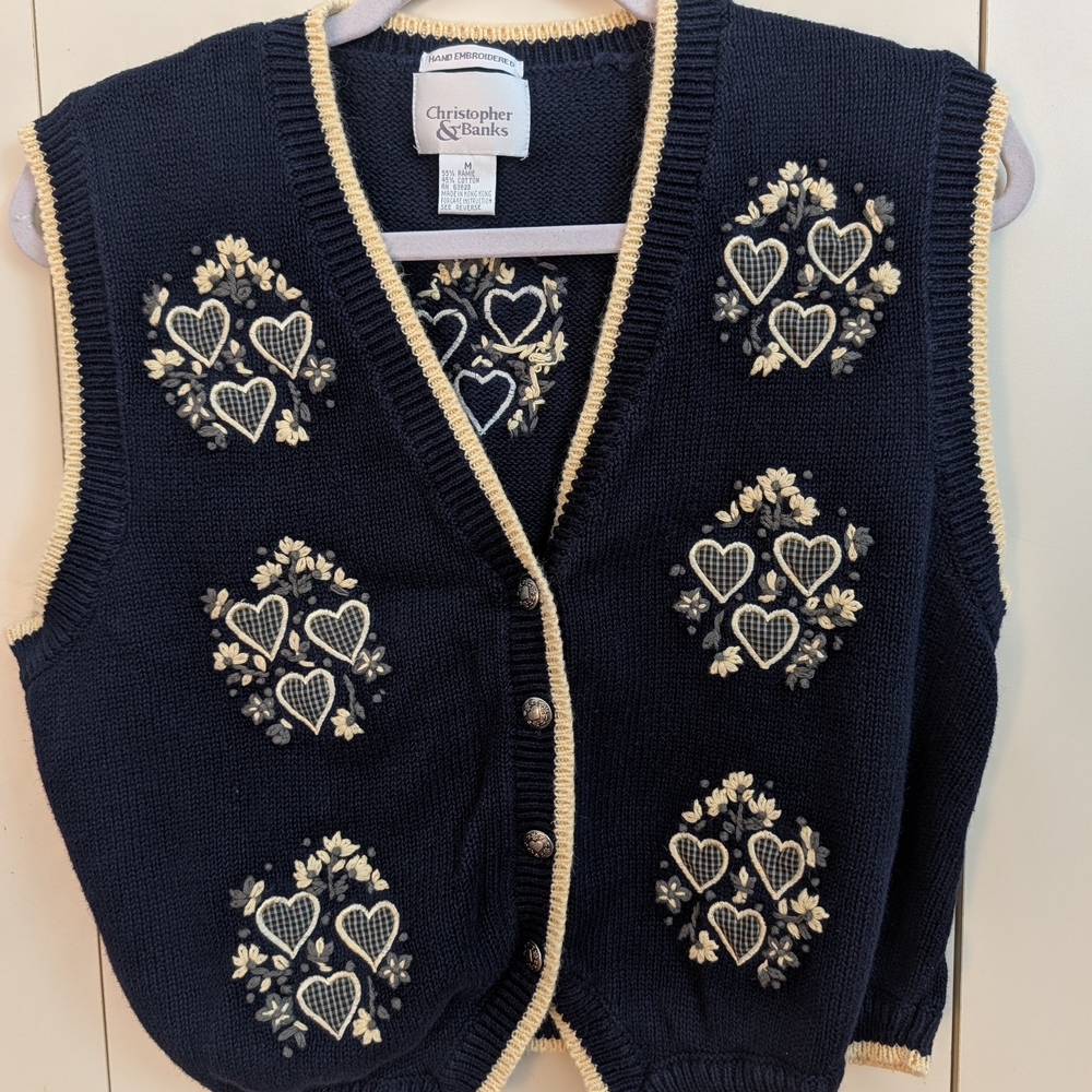 Vintage 90s Womens Sweater Vest Button M Blue Hand Embroidered Cottage Granny
